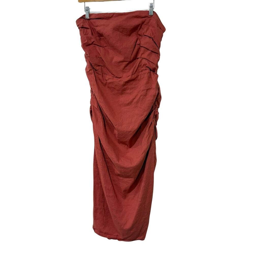 By Anthropologie | Strapless Dress Salmon Pink Ruched Midi Length- Size XL